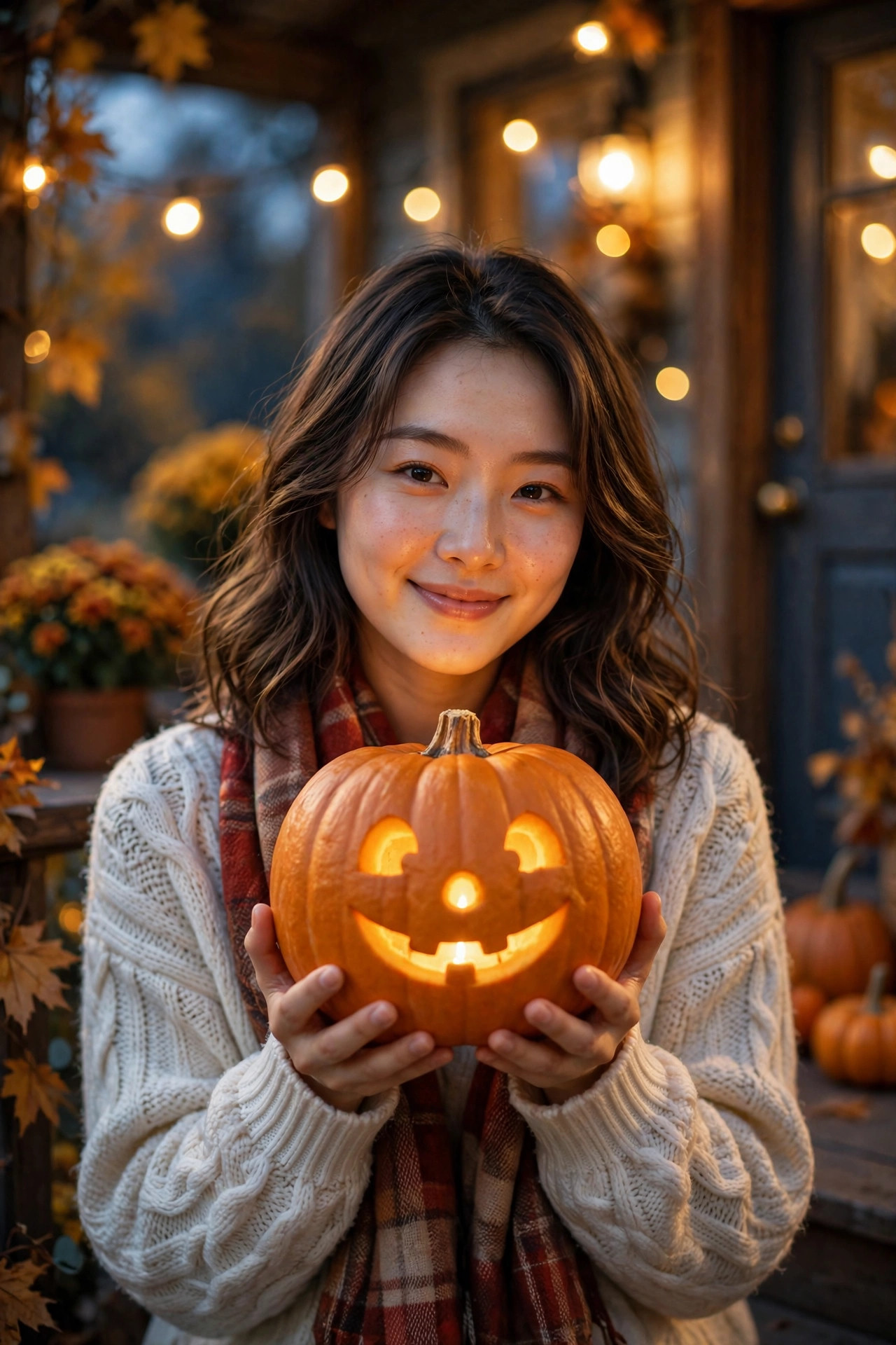 抱南瓜灯的秋夜人像